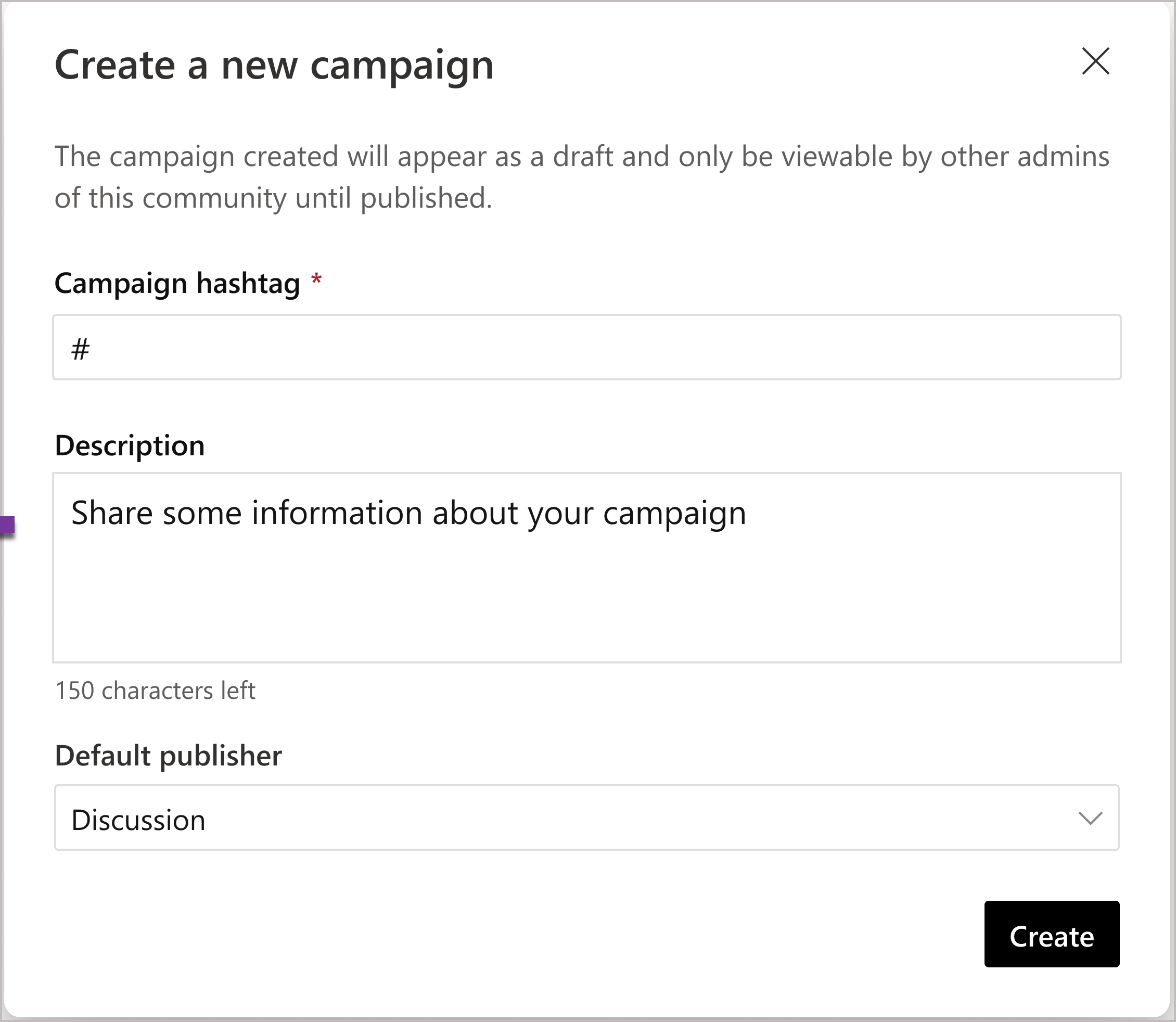 Snímek obrazovky s možnostmi pro vytvoření nové kampaně komunity