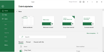 Úvodní obrazovka v nabídce Soubor v aplikaci Excel