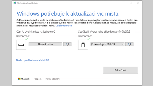 Zpráva Systém Windows potřebuje pro aktualizaci více místa