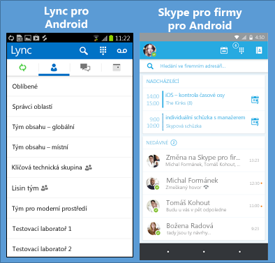 Snímky obrazovek Lyncu a Skypu pro firmy zobrazené vedle sebe