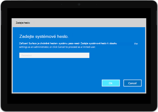 Zobrazuje modrou obrazovku s textem "Zadejte systémové heslo". Heslo můžete zadat do pole a pod tím jsou tlačítka OK a Zrušit.