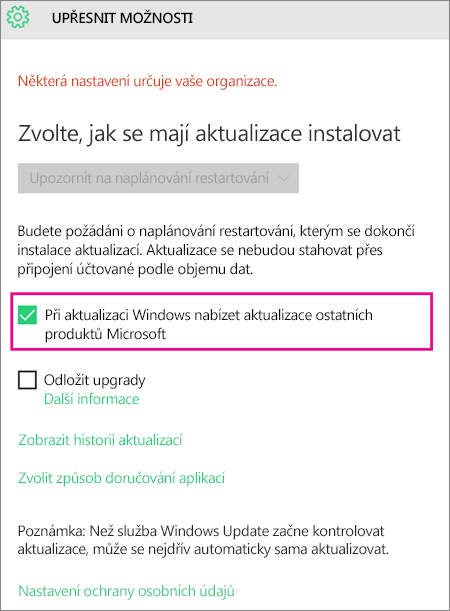 Upřesnění možností Windows Update
