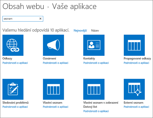 Výpis aplikací na stránce Obsah webu