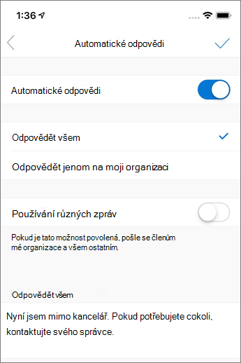 Vytvoření automatické odpovědi v Outlooku Mobile