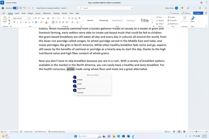 Wordový dokument zobrazující okno oprav s kandidáty na text "cereálie".