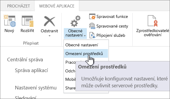 Centrální správa s vybranou položkou Omezení prostředků