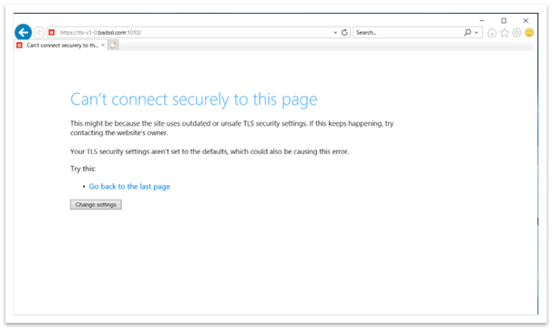 Okno Internet Exploreru při přístupu k propojení TLS 1.0 a 1.1
