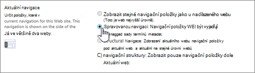 Aktuální oddíl navigace se zvolenou spravovanou navigací