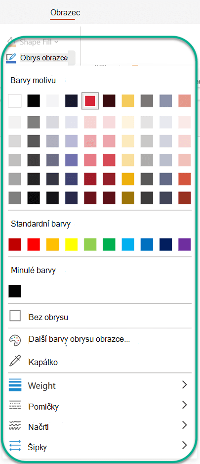 Na kartě Obrazec v části Obrys obrazce můžete vybrat barvu, kterou chcete použít u aktuálně vybraného obrazce.