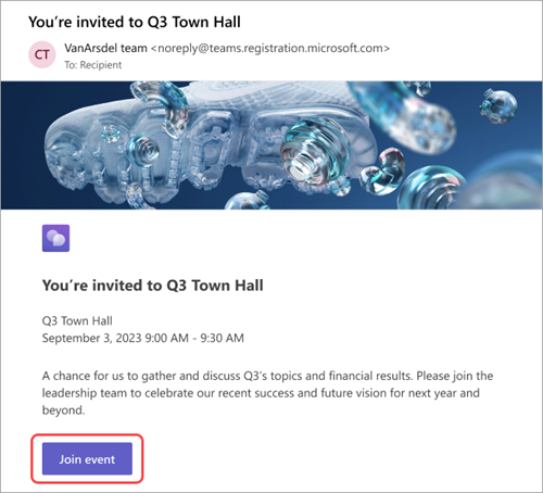 Snímek obrazovky zobrazující e-mailovou pozvánku přijatou účastníky se zvýrazněnou možností Připojit se k události