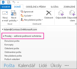 Sdílená poštovní schránka se zobrazí v seznamu složek v Outlooku.