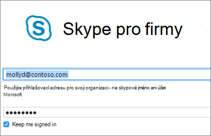 Snímek obrazovky s přihlašovací obrazovkou Skypu pro firmy