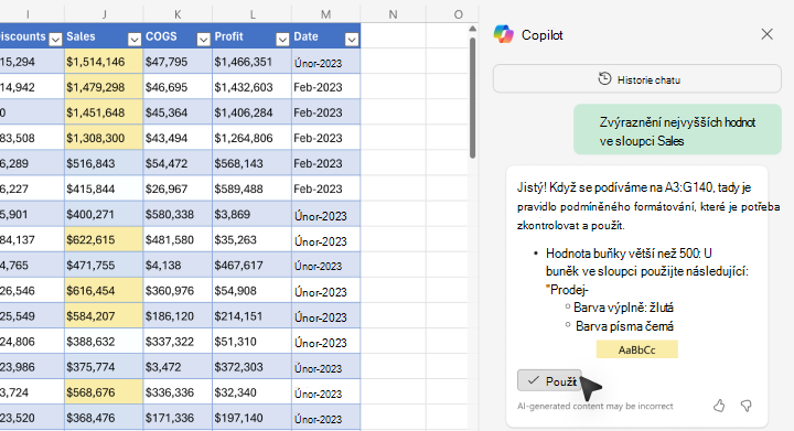 Snímek obrazovky znázorňující, jak zvýraznit hodnoty pomocí funkce Copilot v Excelu.