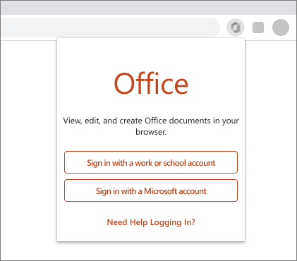 Obrázek webového prohlížeče s výzvou k přihlášení k rozšíření Office