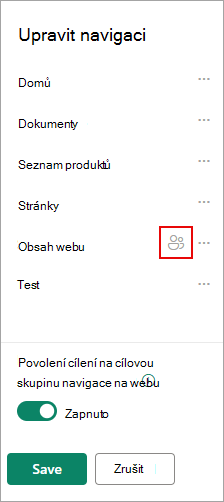 V části Upravit navigaci ikona potvrdí cílové odkazy.