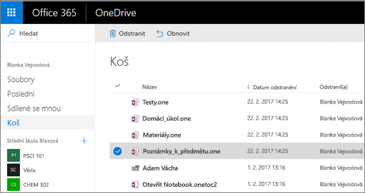 OneDrive koš se seznamem stránek poznámkového bloku.