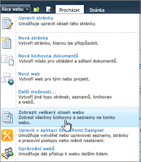 Zobrazení veškerého obsahu webu v nabídce Akce webu