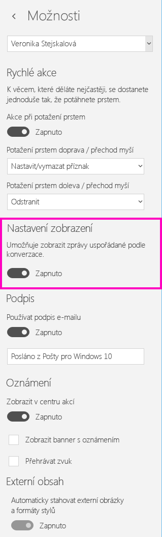 Vypnutí zobrazení konverzace v aplikaci pošta pro Windows 10