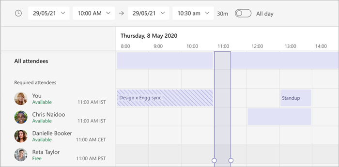 Snímek obrazovky se zobrazením časového pásma Pomocníka pro plánování v Teams