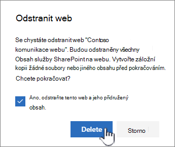 Pokud jste si jistí, že chcete web odstranit, klikněte na Odstranit.