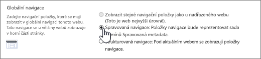 Globální nastavení navigace se zvolenou spravovanou navigací