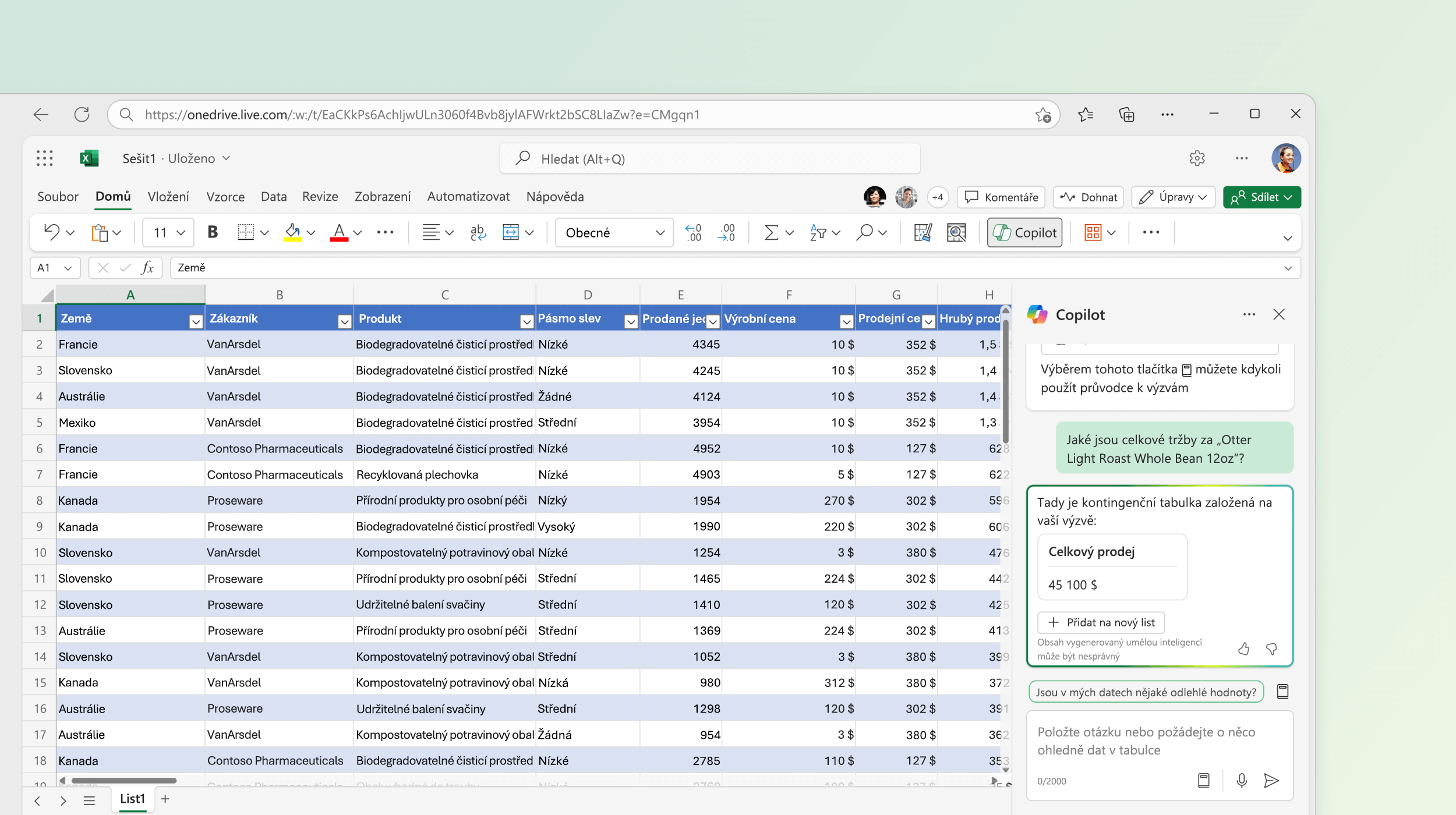 Snímek obrazovky znázorňující funkci Copilot v Excelu s návrhem kontingenční tabulky na základě existujících dat