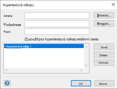 V dialogovém okně Hypertextové odkazy definujte hypertextový odkaz pro obrazec.