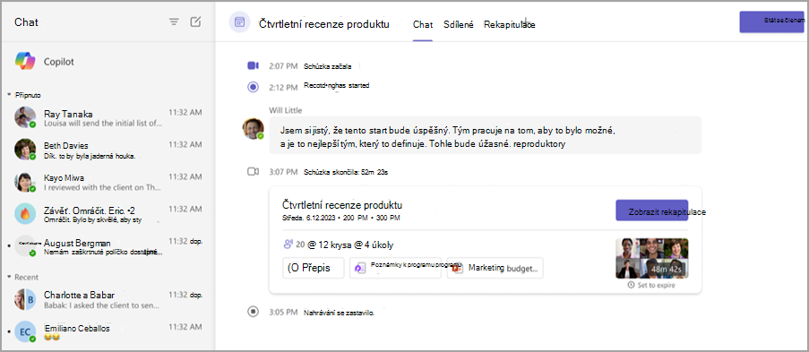 Snímek obrazovky znázorňující funkce rekapitulace schůzky v chatu schůzky.