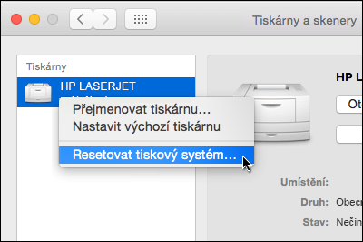 Ovládací prvek: Kliknutím na seznam tiskáren dáte přístup k obnovení tiskového systému v OSX.