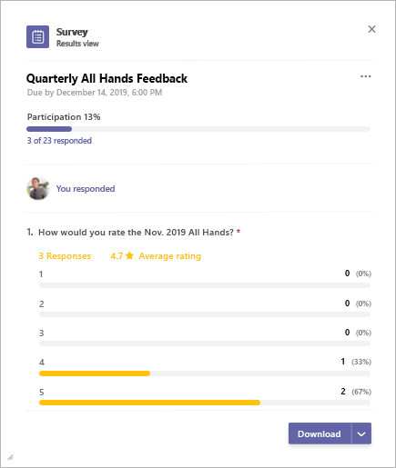 Výsledky aplikace Průzkum v Microsoft Teams