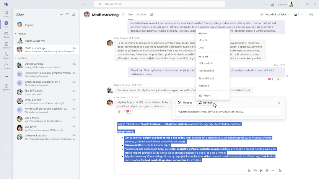 Copilot pro psaní v chatu v Microsoft Teams.