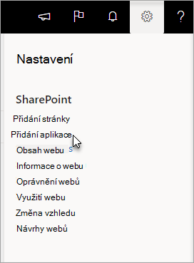 Nabídka Nastavení se zvýrazněnou položkou Přidat aplikaci