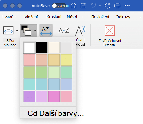 Možnosti barev stránky zobrazené pro Asistivní čtečku ve Wordu pro Mac