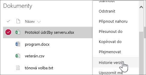 Místní nabídka knihovny dokumentů se zvýrazněnou možností Historie verzí