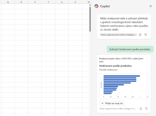 Snímek obrazovky znázorňující, jak může Copilot prezentovat analyzovaná data v grafech a tabulkách.