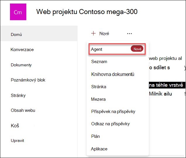 Snímek obrazovky vytvoření nového agenta Copilotu z domovské stránky webu