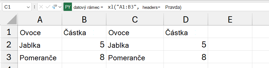 Obsah datového rámce vrácený jako excelové hodnoty.