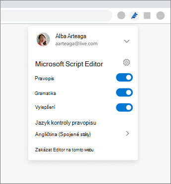 Rozšíření Microsoft Editoru zobrazuje rozevírací seznam v prohlížeči s nastavením pro zapnutí a vypnutí možností