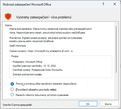 Dialogové okno výstrahy zabezpečení z Microsoft Excelu