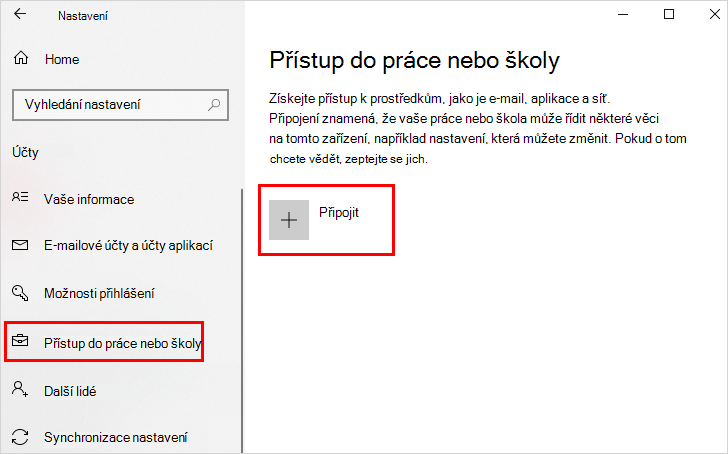 Access work or school screen with Připojení option highlighted