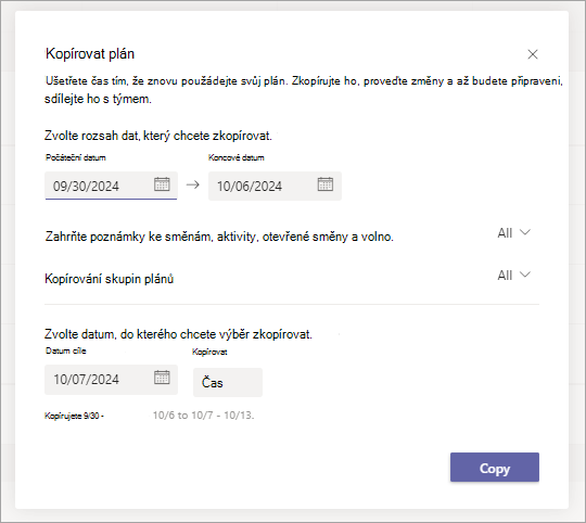 Snímek obrazovky s dialogovým oknem Kopírovat plán ve Směnách s možnostmi kopírování plánu
