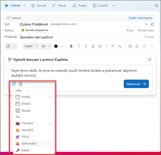 Možnosti volby délky a tónu při vytváření e-mailů v Outlooku pomocí Copilotu