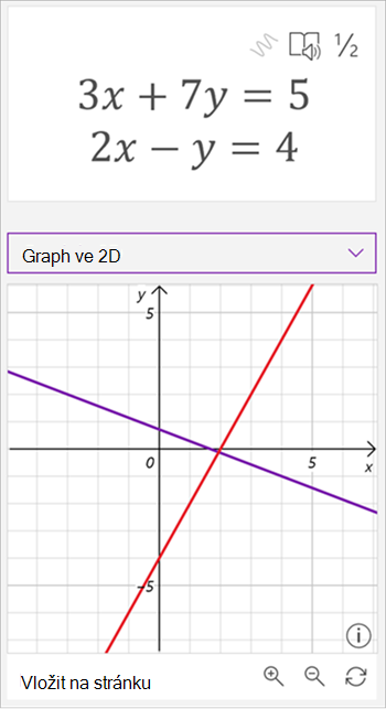 snímek obrazovky s grafem vygenerovaným matematickým asistentem zobrazující rovnice 3 x plus 7 y se rovná 5 a 2 x minus y se rovná 4. Graf zobrazuje dvě protínající se čáry, jednu fialovou a jednu červenou.