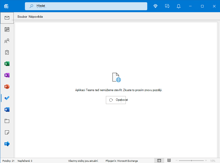 Obrázek okna Outlooku s chybou „Nejde otevřít týmovou aplikaci“