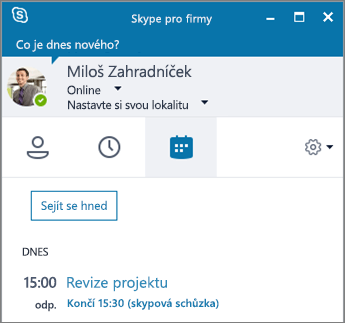 Snímek obrazovky s kartou Schůzky v okně Skypu pro firmy.