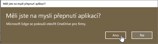 Dialog o přepnutí aplikace v prohlížeči Edge ve Windows 10 se zvýrazněným tlačítkem Ano