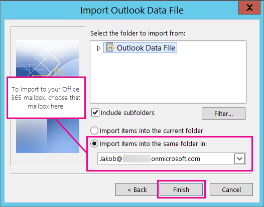 Pokud chcete e-maily, kontakty a kalendář importovat do poštovní schránky Office 365, vyberte danou schránku.