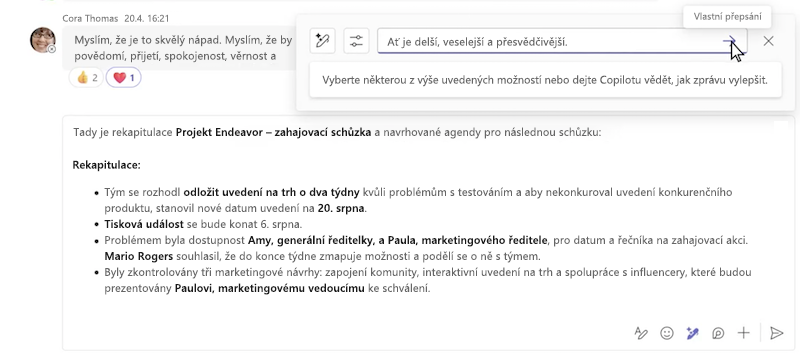 Vlastní přepsání zprávy pomocí Copilotu v chatu v Microsoft Teams.