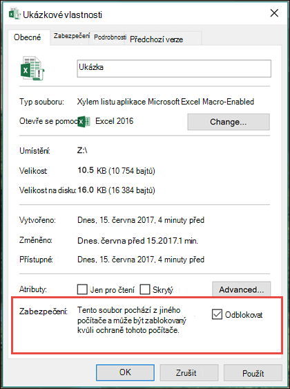 Kliknutím pravým tlačítkem myši na soubor v Průzkumníku Windows makra odblokujete.