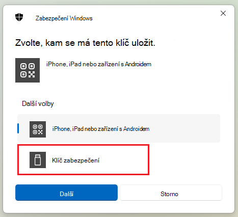 Snímek obrazovky znázorňuje, jak uložit klíč zabezpečení na Windows 11